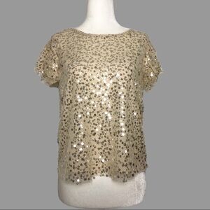 💙 XSP 💙 NWT Anthro Top Sequins Short Sleeves Back Button Keyhole​